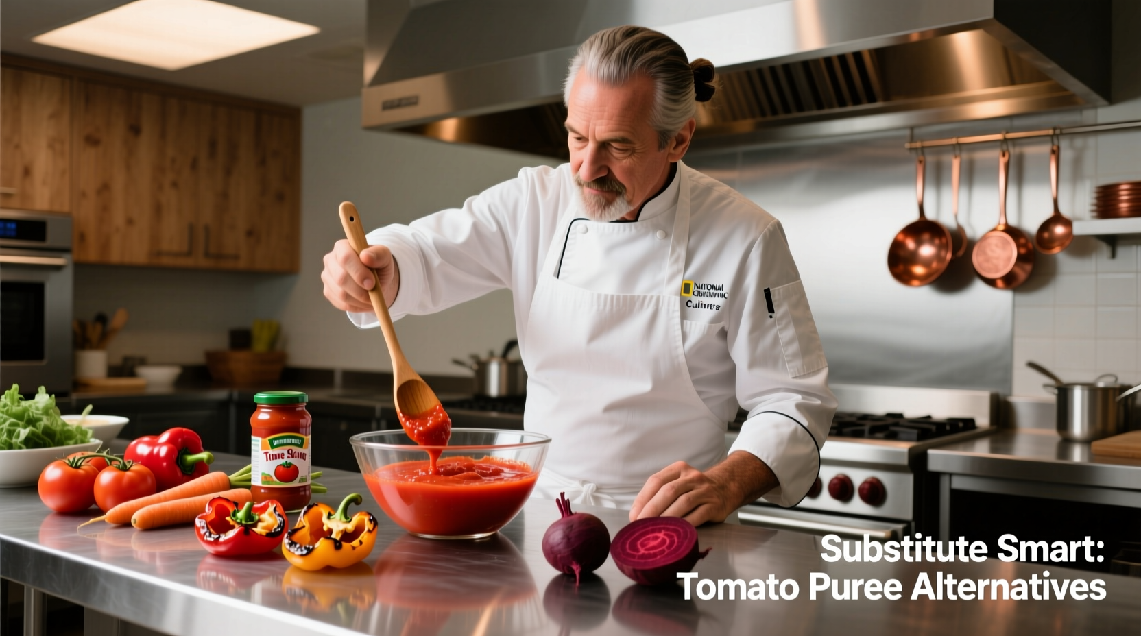 Chef demonstrating tomato puree substitution techniques