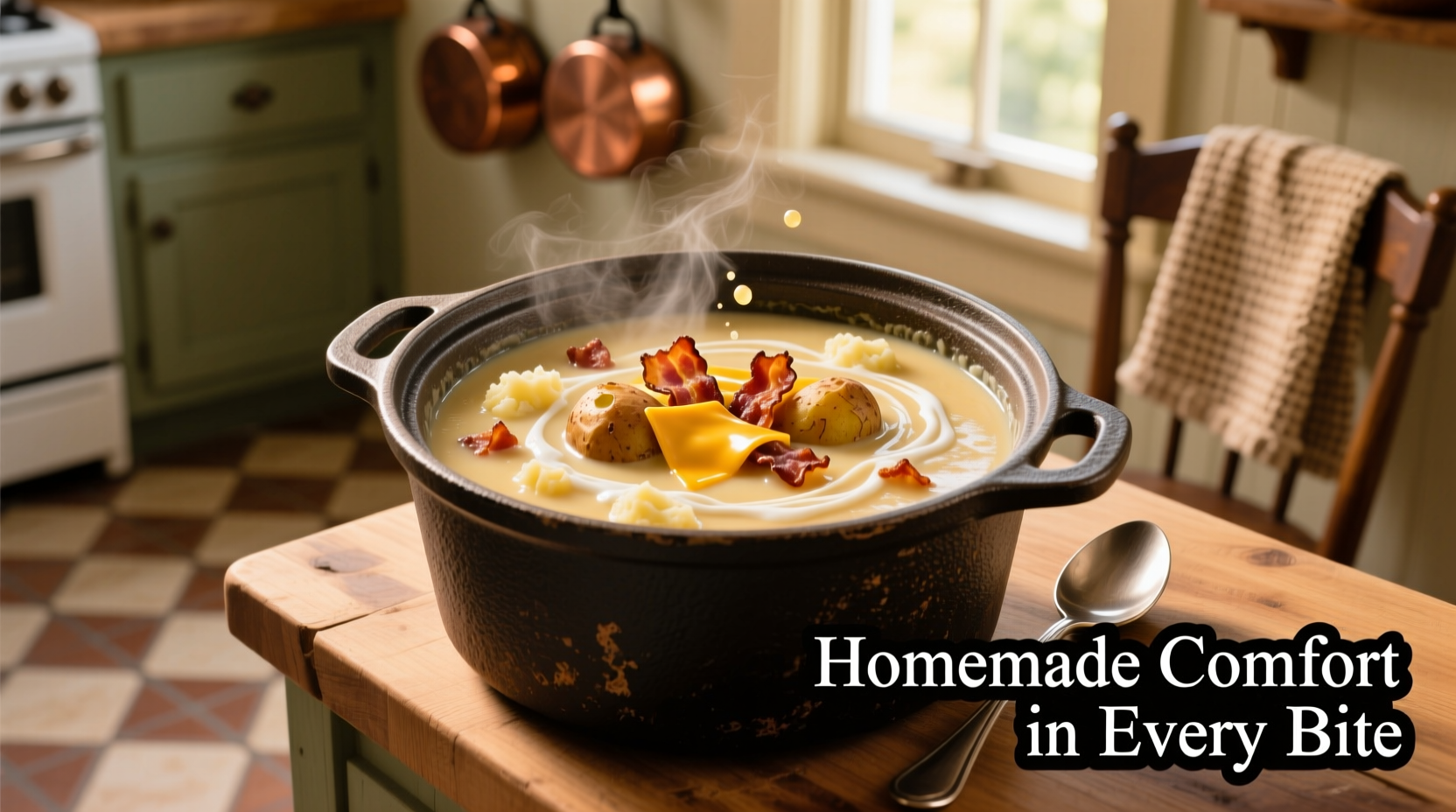 Creamy loaded baked potato soup in crock pot with bacon and cheddar