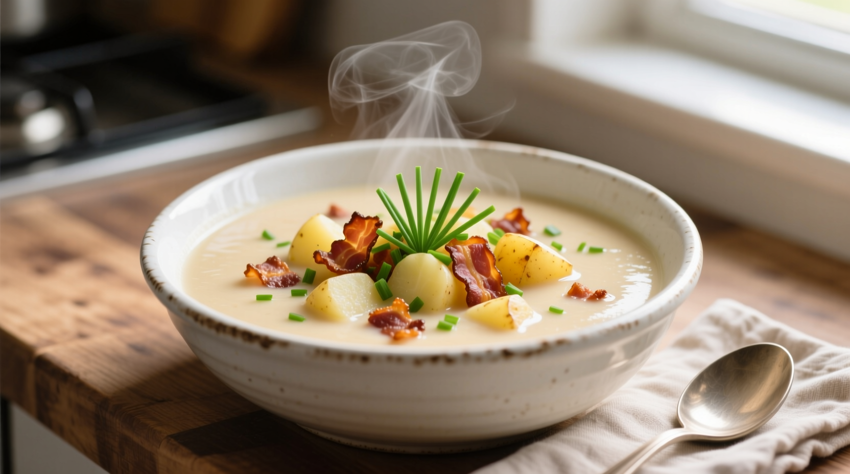Creamy potato and bacon soup in white bowl with fresh chives