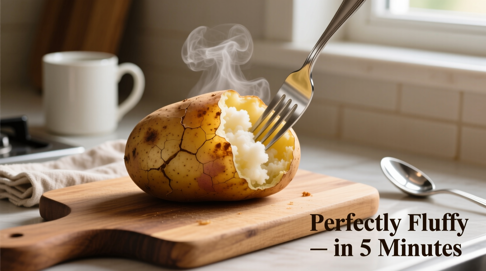 Microwave baked potato with fork showing fluffy interior