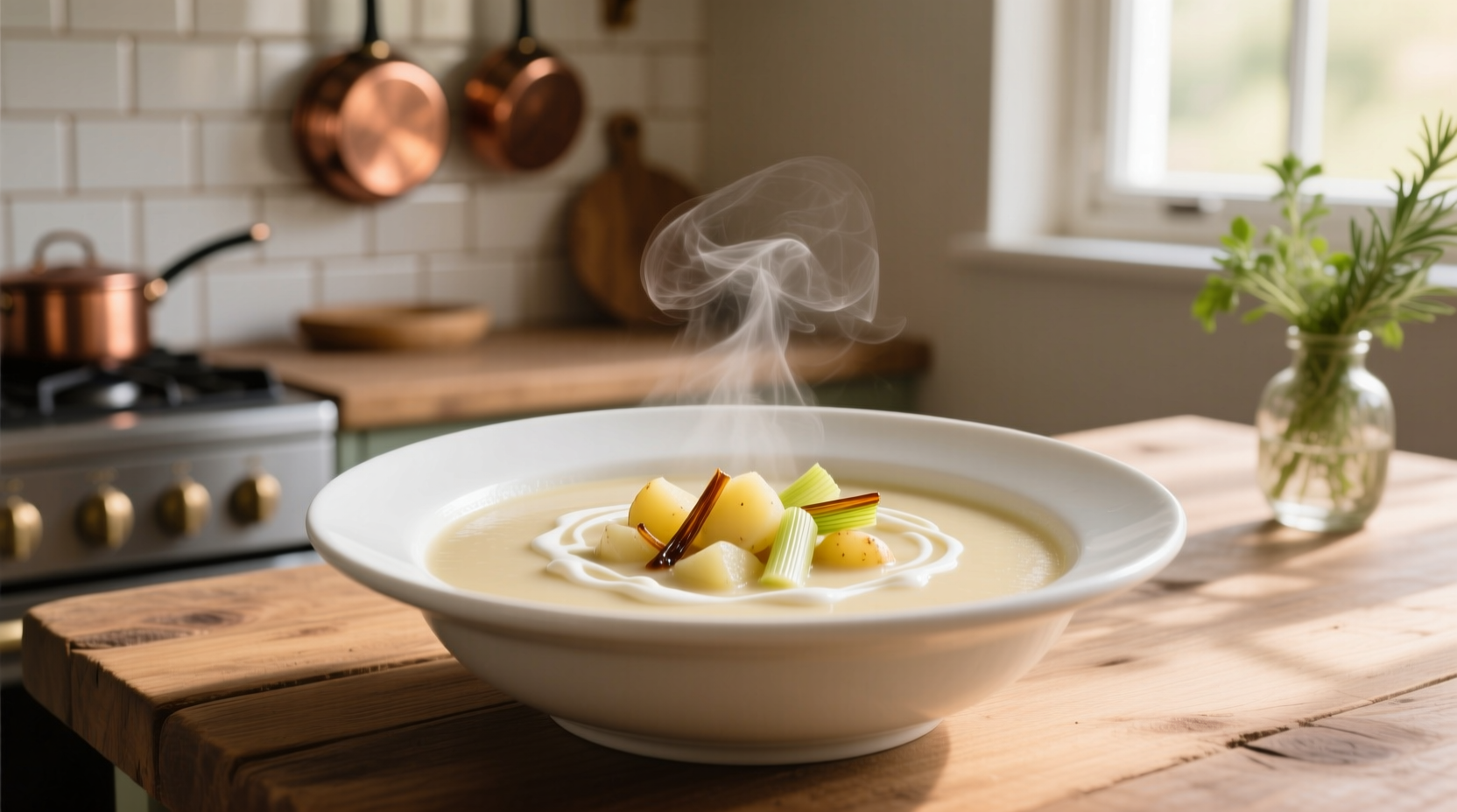 Creamy slow cooker potato leek soup in white bowl