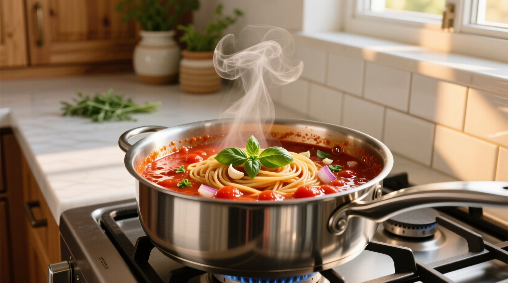 Simmering spaghetti sauce in stainless steel pot