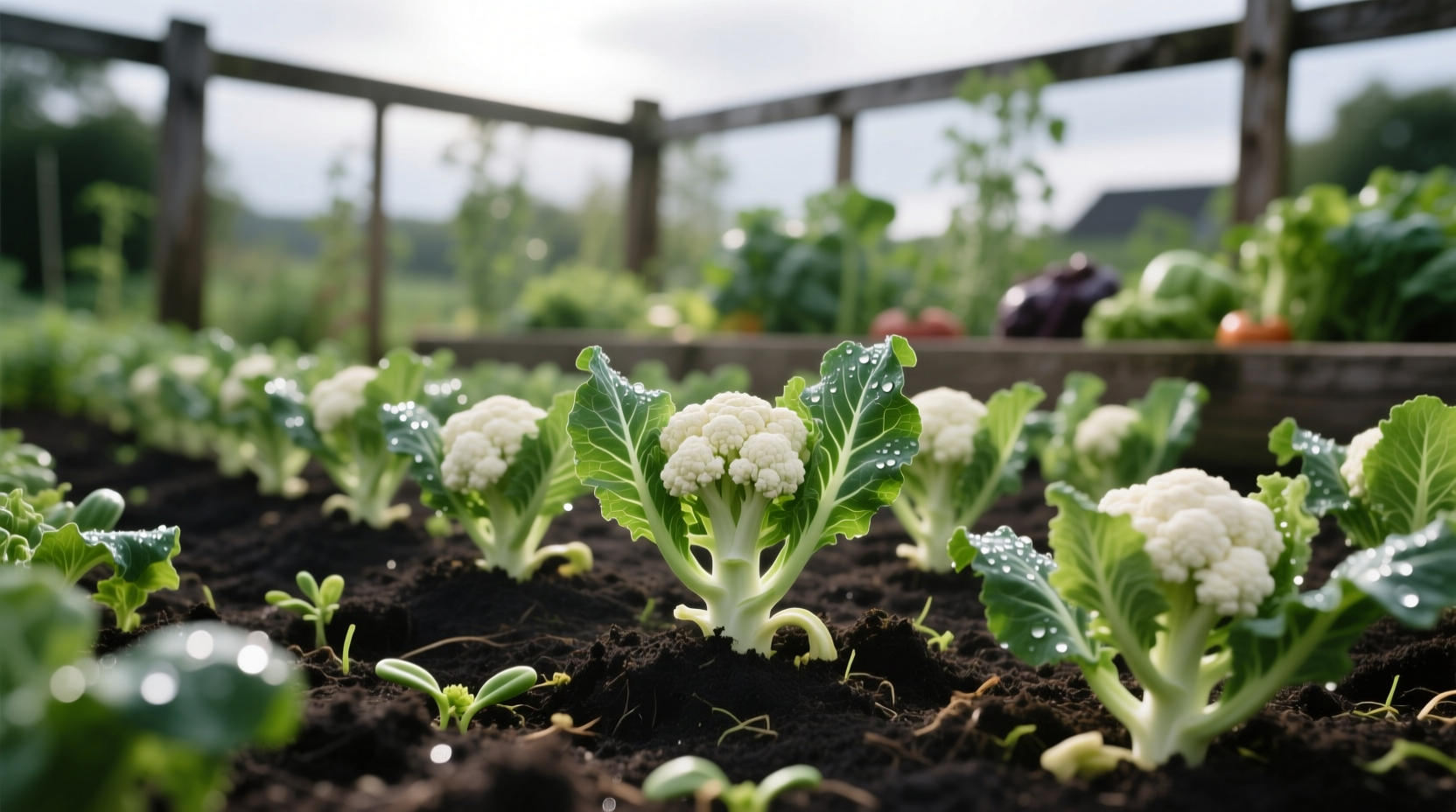 Cauliflower seedlings in garden bed with proper spacing