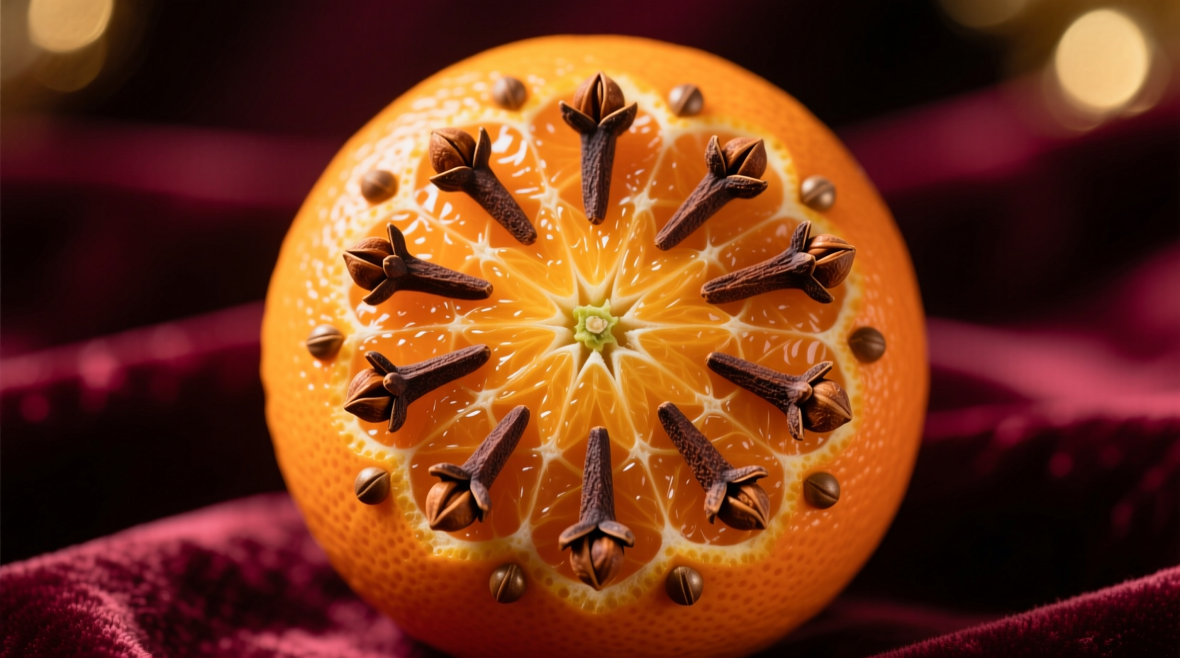 Close-up of an orange studded with whole cloves arranged in decorative pattern