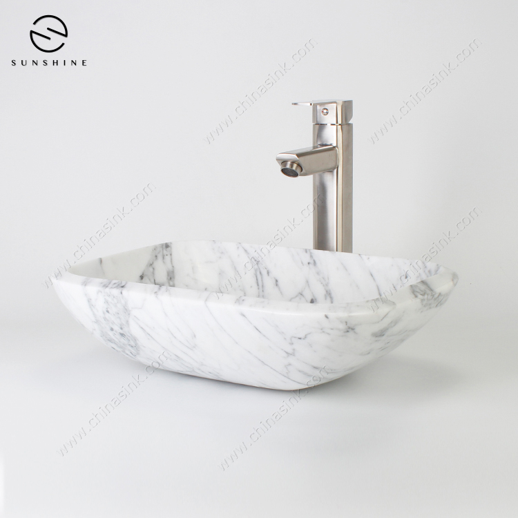 Luxury Bianco Carrara White Stone Rectangular Handmade Marble Bathroom Basin