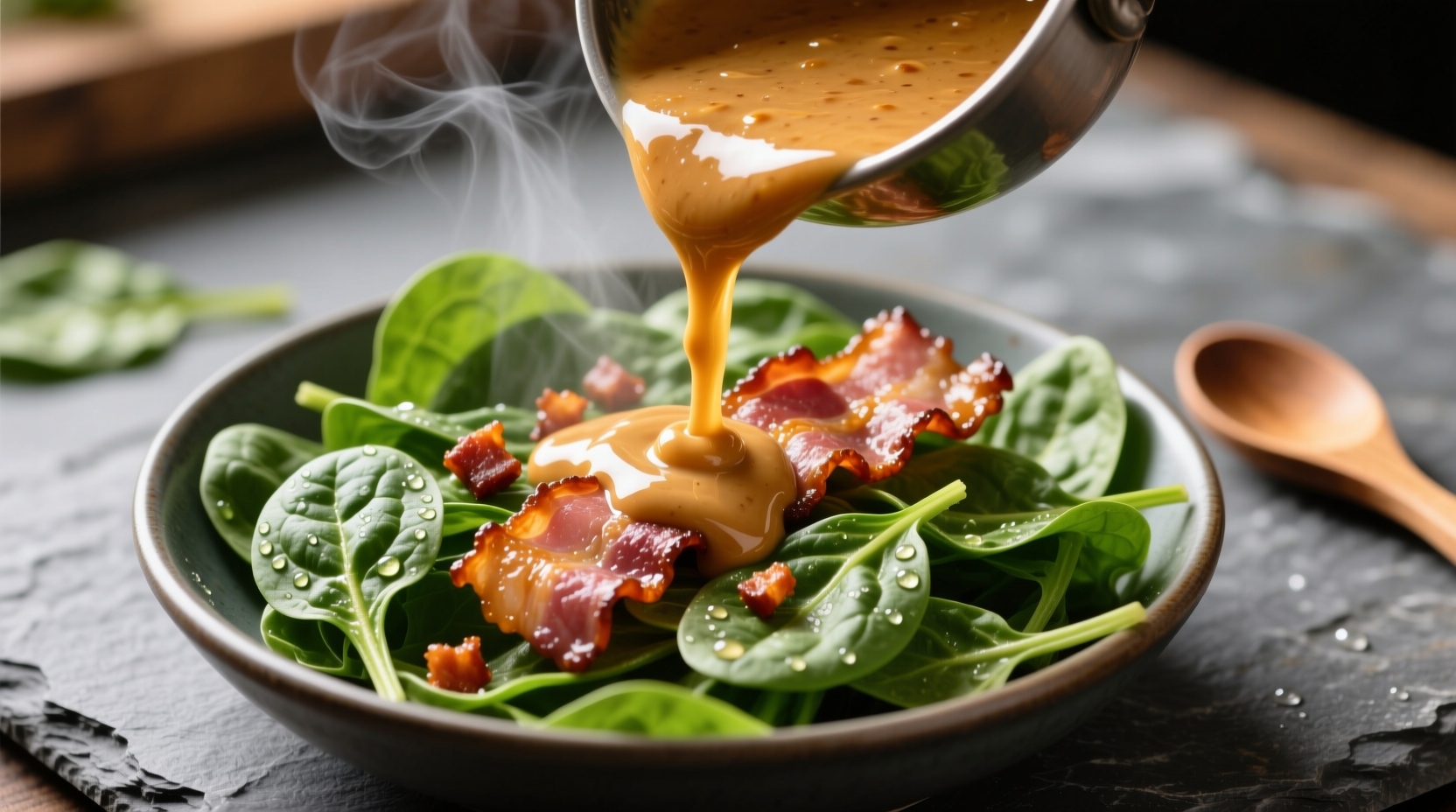 Warm bacon dressing being poured over fresh spinach salad