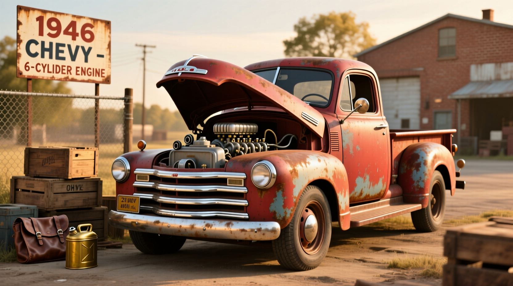 Close-up view of the engine bay in a 1946 Chevy pickup showing inline-six engine