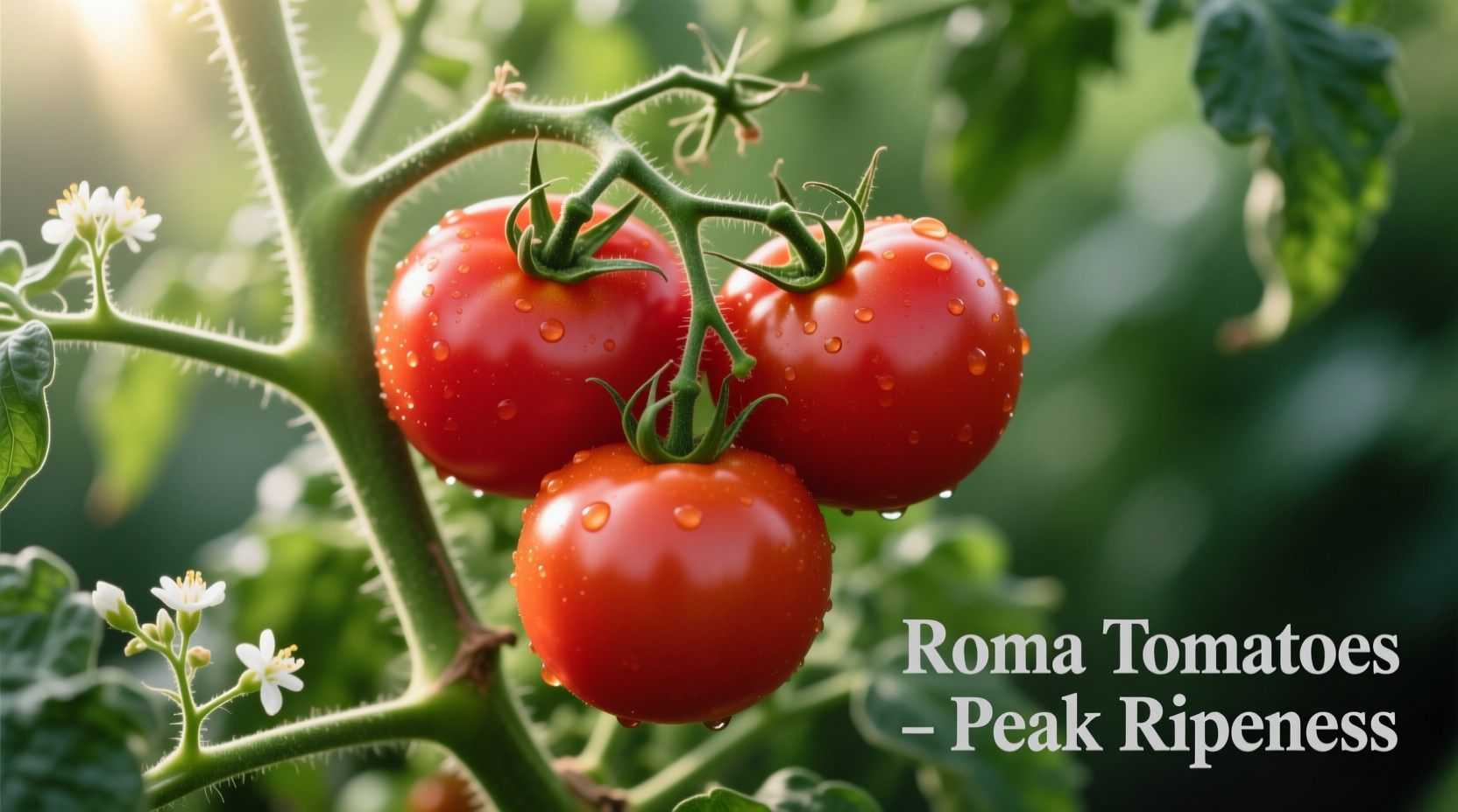 Roma tomatoes on vine with mature fruit
