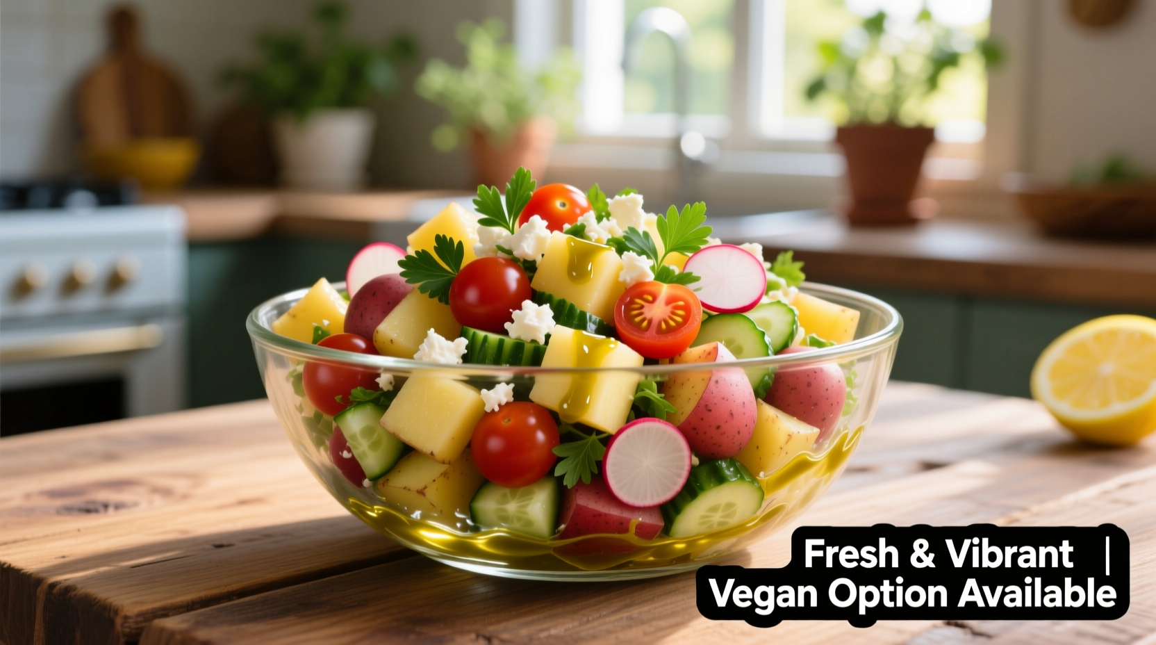 Colorful vegetarian potato salad in glass bowl