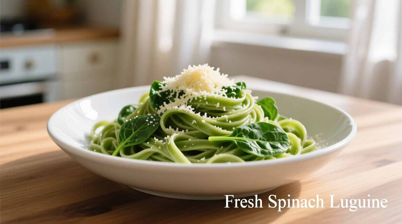 Fresh spinach linguine in white bowl with Parmesan garnish