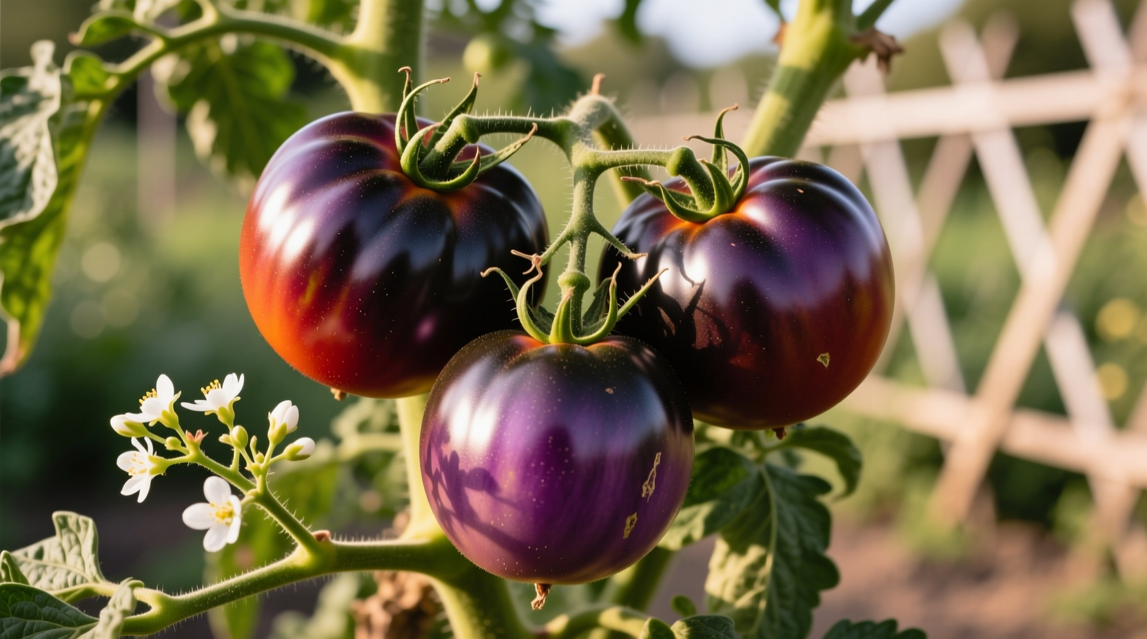 Ripe Kumato tomatoes on vine showing distinctive dark color