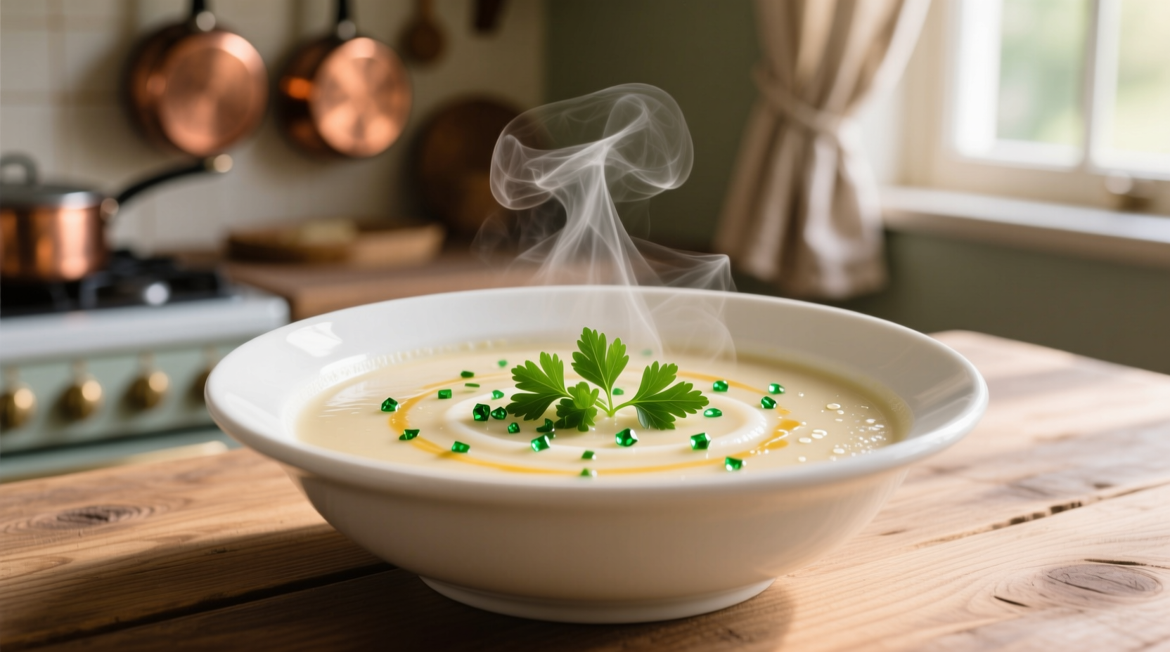 Creamy garlic soup in white bowl with fresh parsley