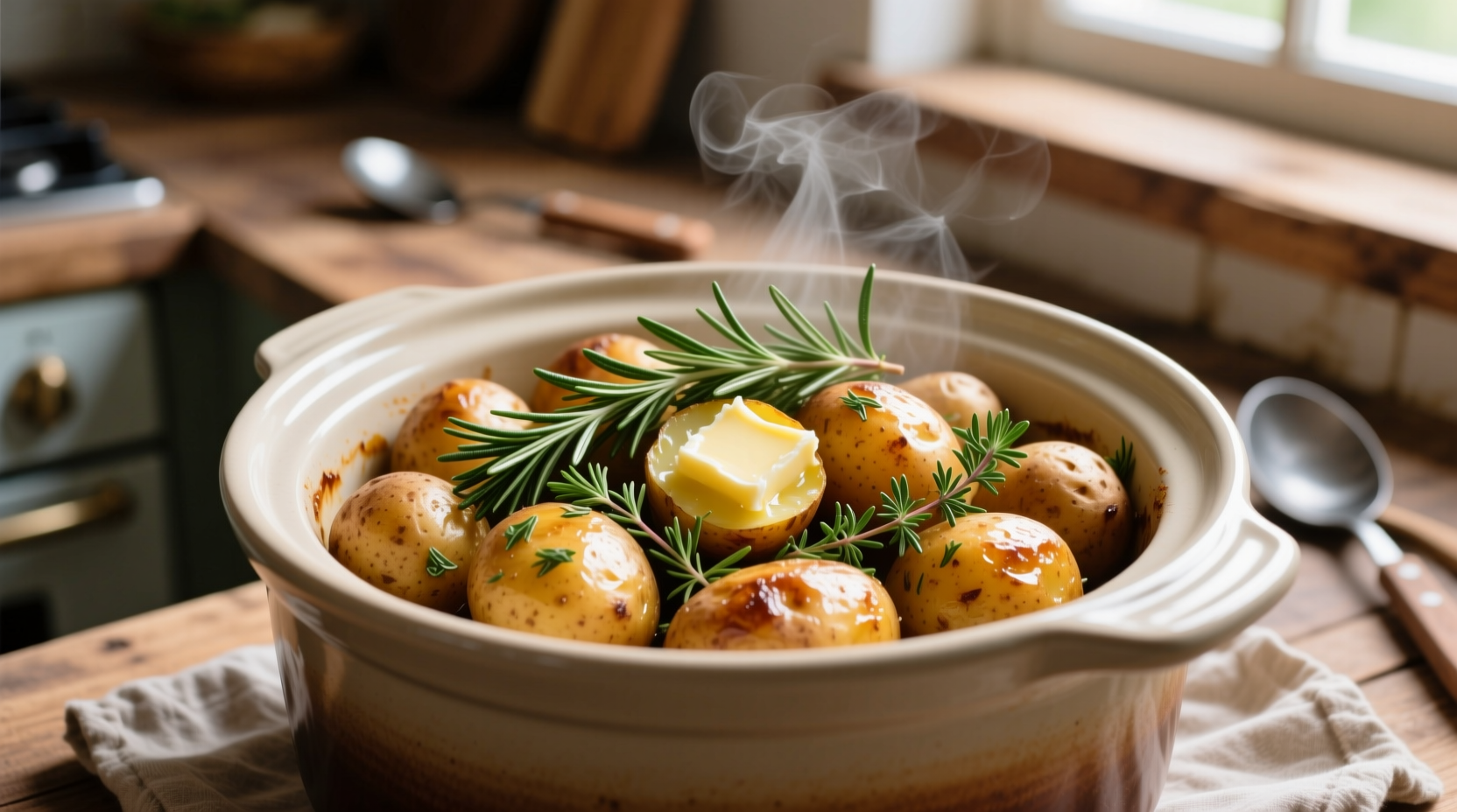 Slow cooker filled with golden potatoes and herbs