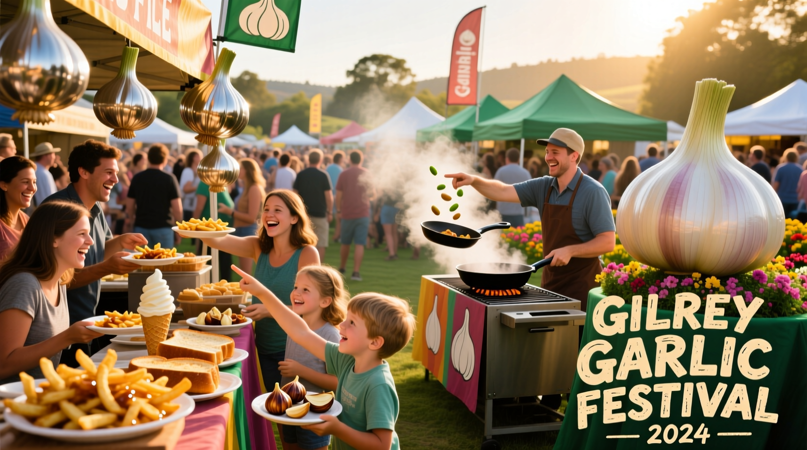Crowd enjoying garlic dishes at Gilroy Garlic Festival