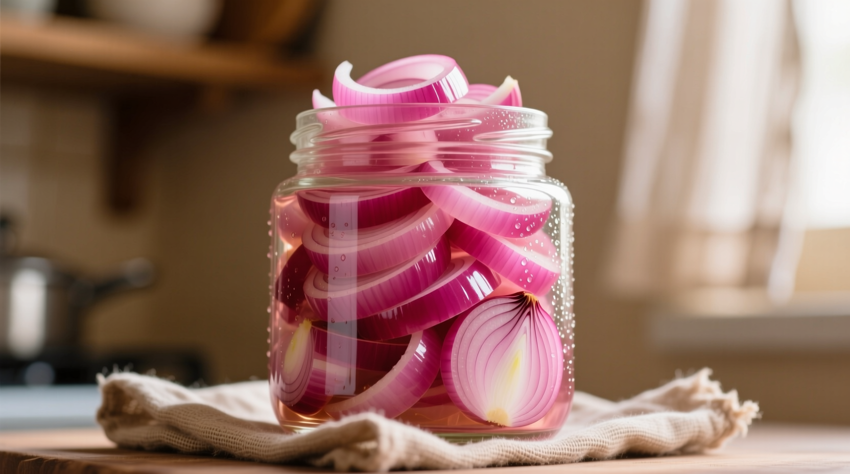 Vibrant pink pickled onions in glass jar