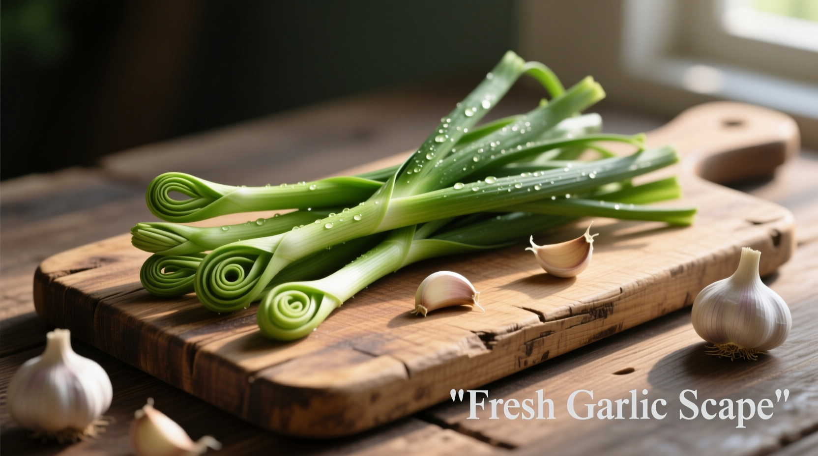 Fresh garlic scapes arranged on wooden cutting board