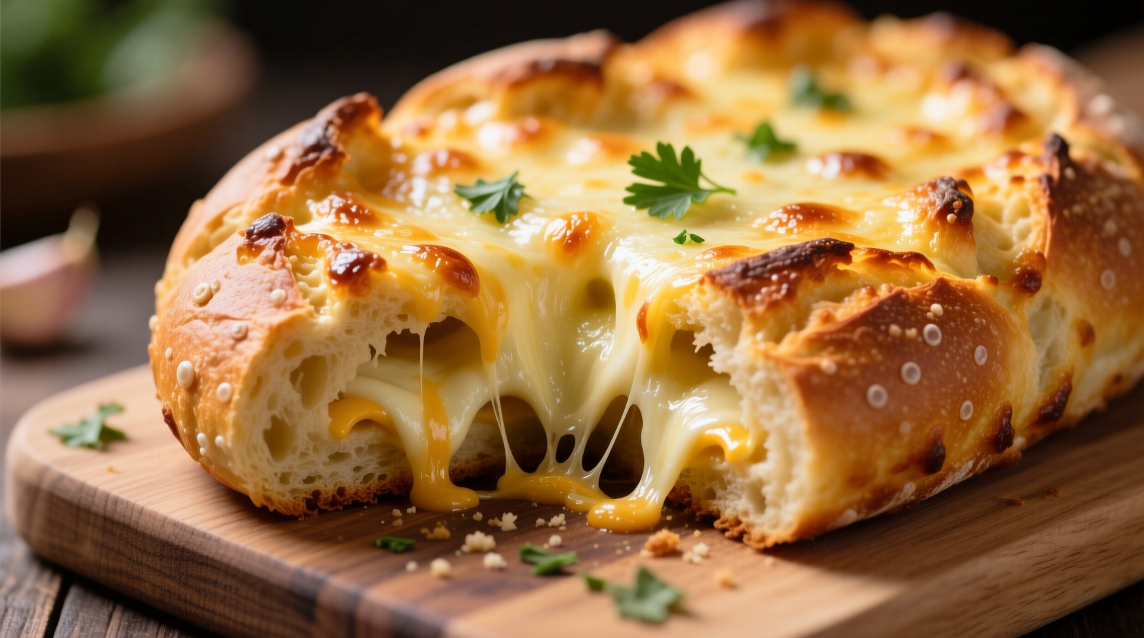 Golden garlic cheese bread with melted cheese