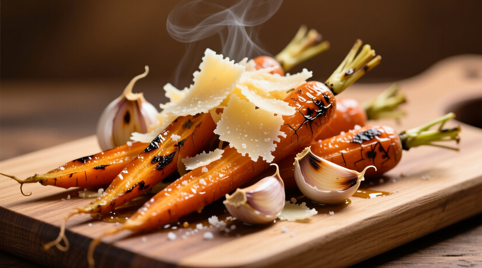 Golden roasted carrots with garlic cloves and parmesan shavings on a baking sheet