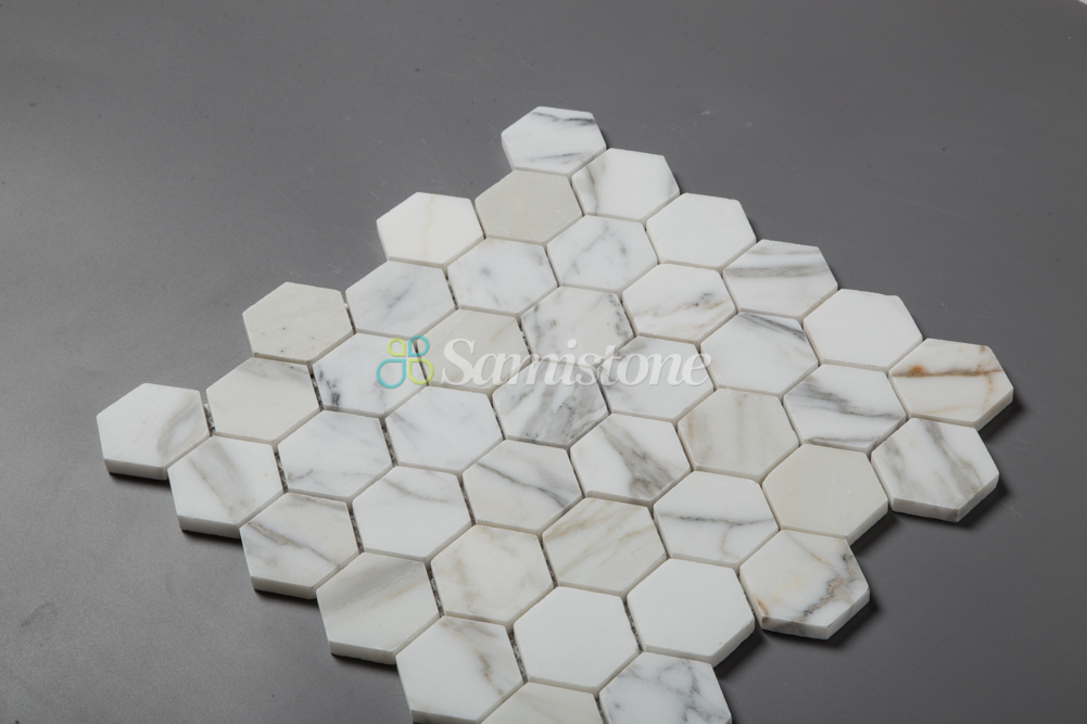 2" Calacatta Gold Polished Honed White Marble Hexagon Mosaic Tile