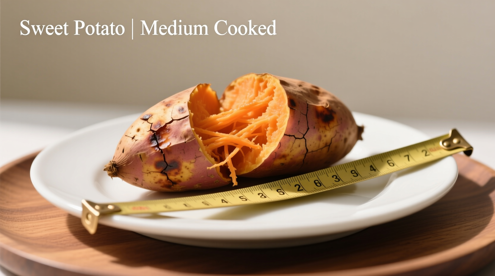 Medium cooked sweet potato on white plate with measuring tape