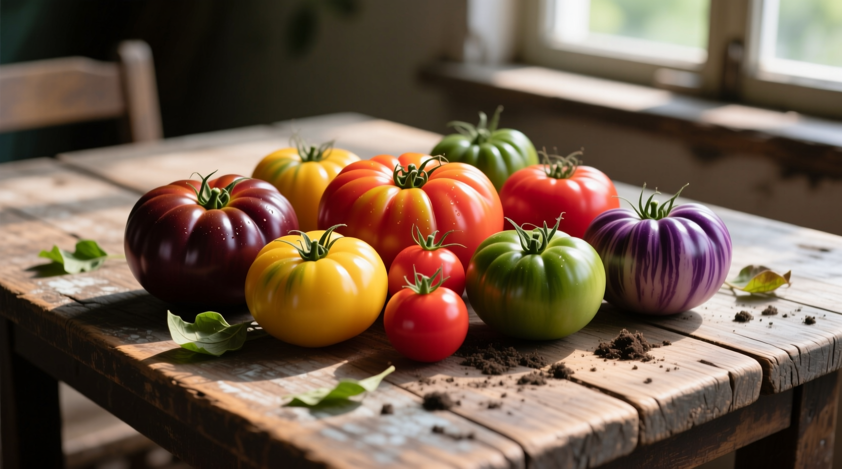 Colorful assortment of heirloom tomatoes on wooden table