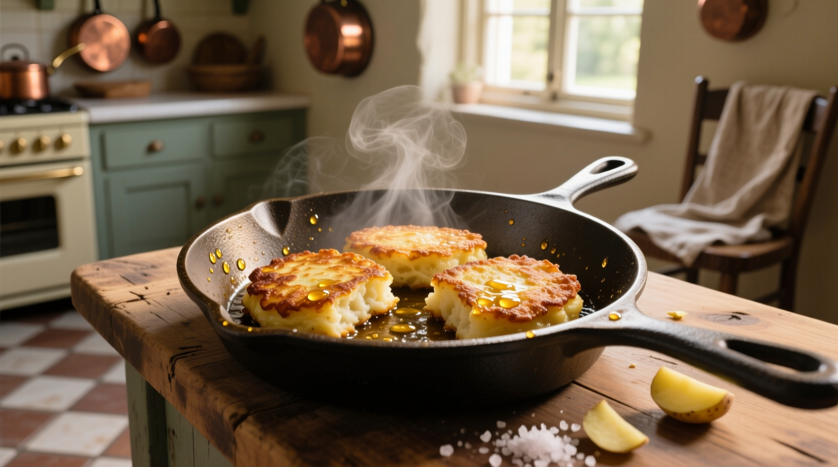 Golden brown potato cakes sizzling in cast iron skillet