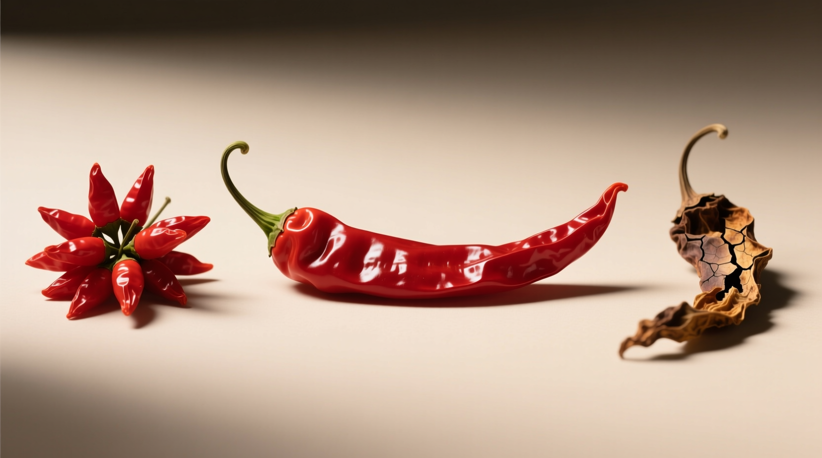 Side-by-side comparison of vibrant, pliable dried chilies versus brittle, faded ones showing signs of age