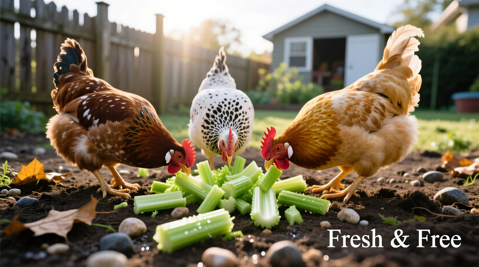Backyard chickens pecking at chopped celery pieces