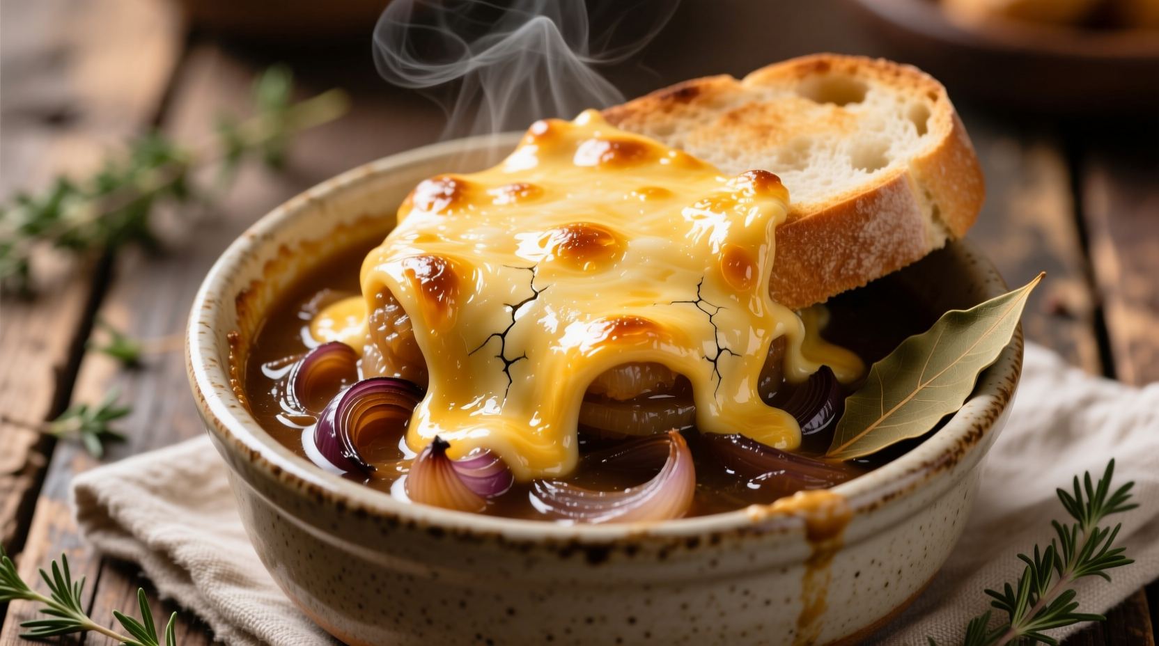 Golden melted cheese topping on French onion soup