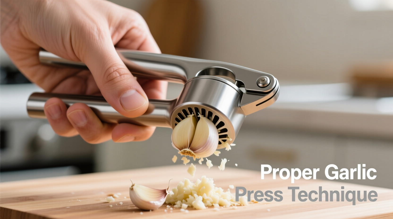 Hand demonstrating proper garlic press technique with fresh cloves