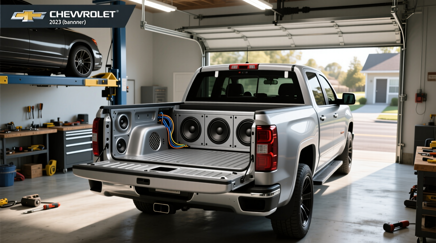Dual 10-inch subwoofer enclosure installed beneath the rear seat of a Chevy Silverado extended cab model