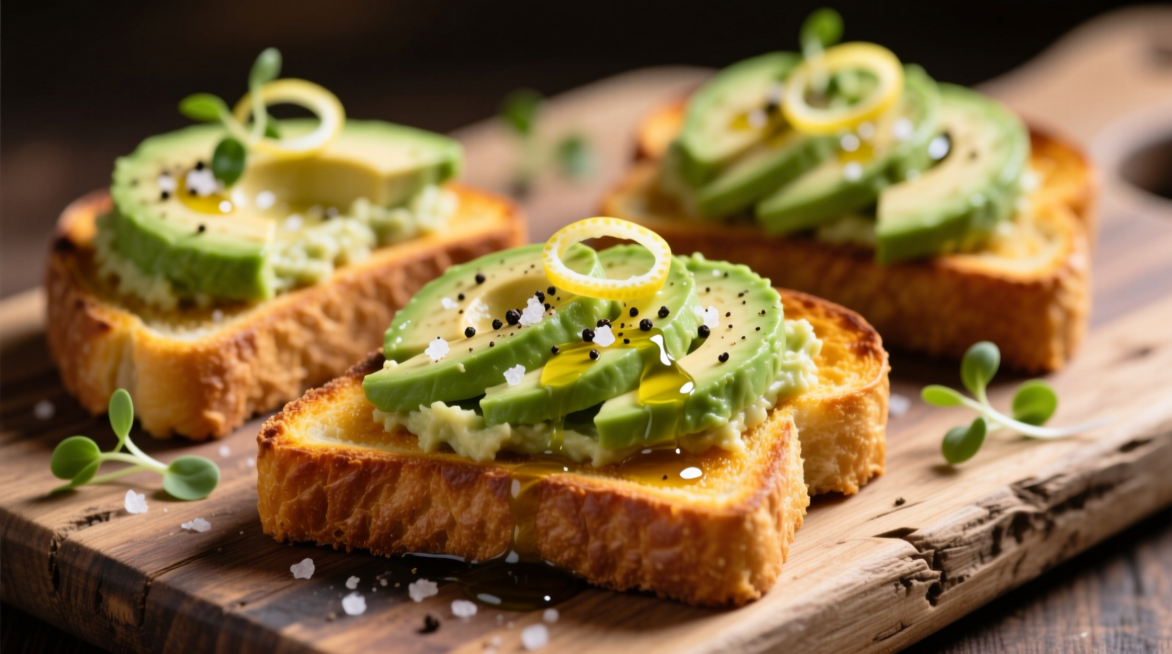Golden sweet potato toast slices with avocado topping