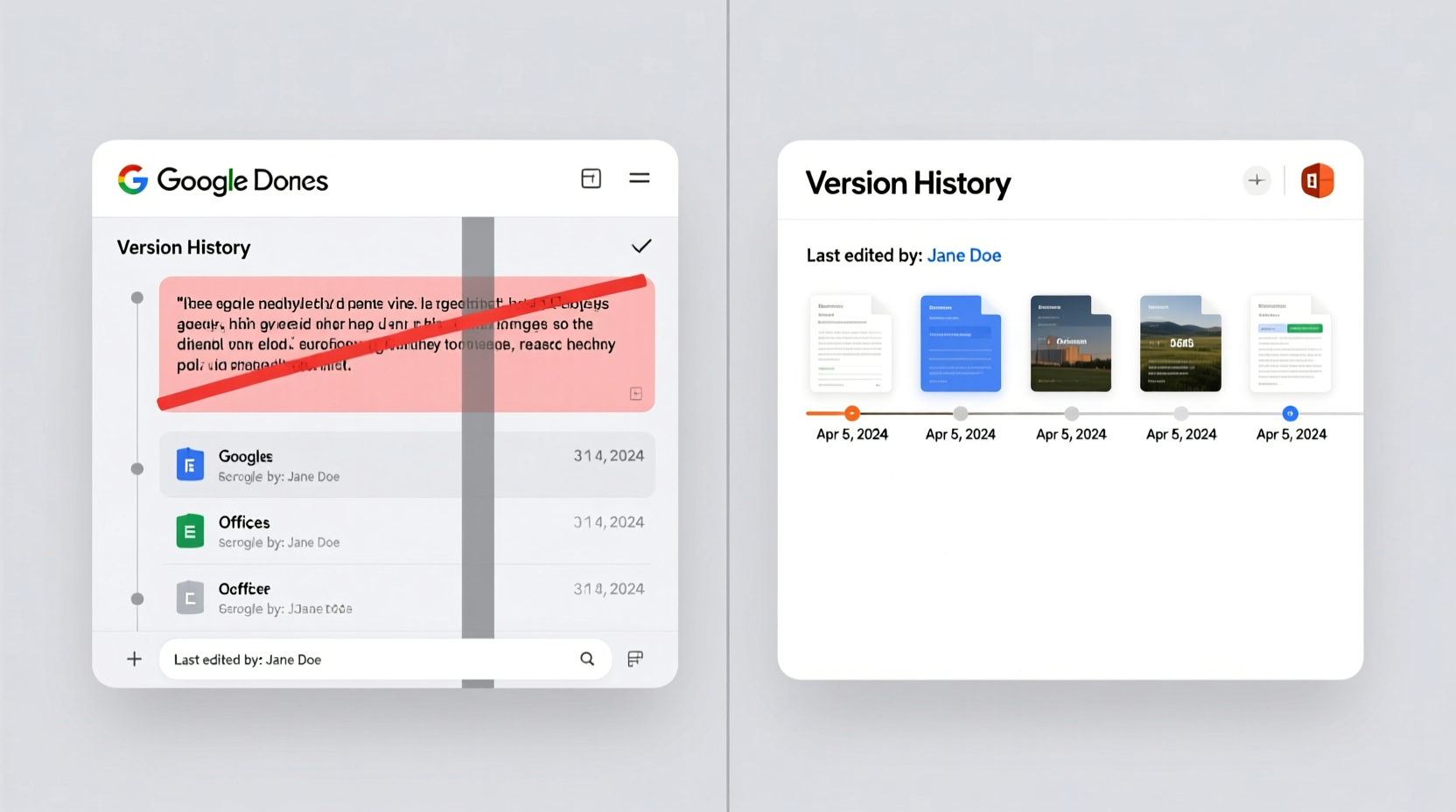 Side-by-side interface comparison: Google Docs version history panel showing highlighted paragraph deletion next to Office 365's 'Version History' pane displaying only dated document thumbnails without inline change indicators
