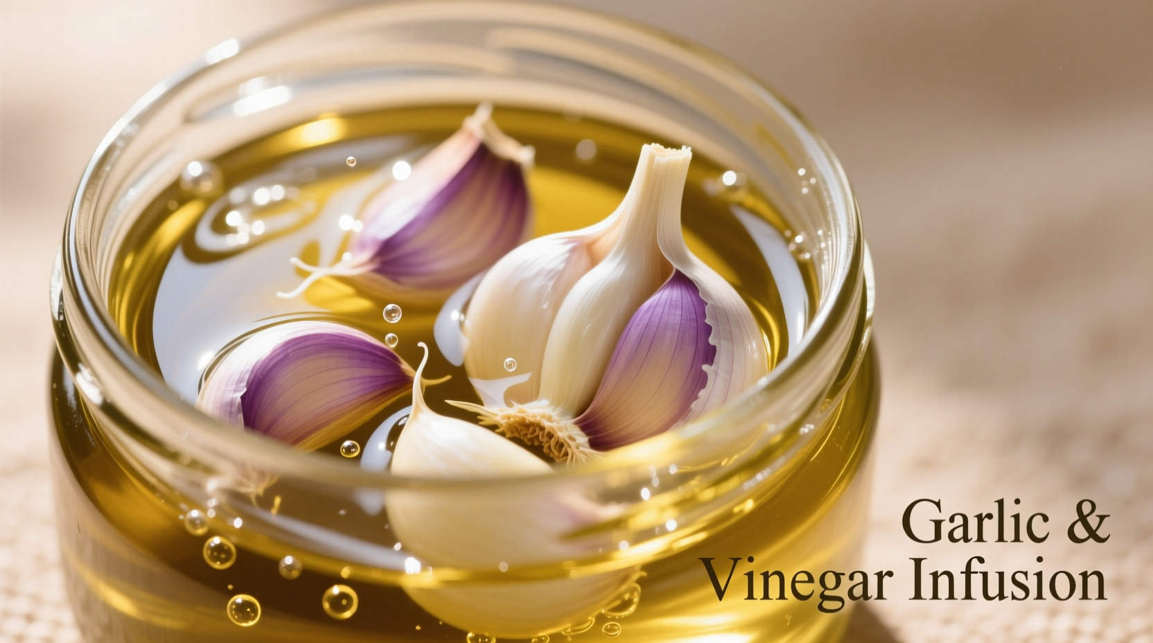 Fresh garlic cloves submerged in olive oil with vinegar