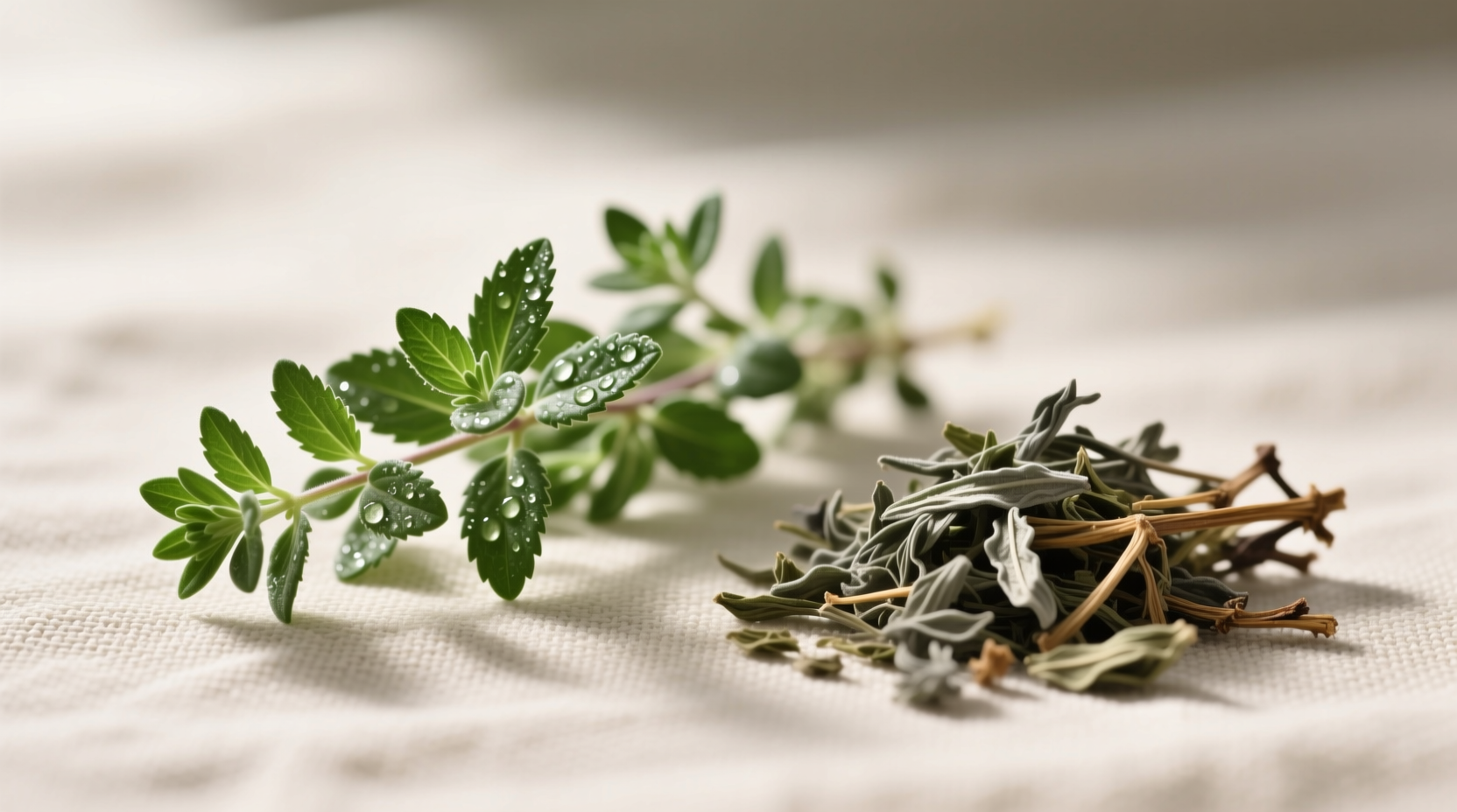 Close-up of fresh thyme sprigs next to dried thyme, highlighting leaf texture and color differences