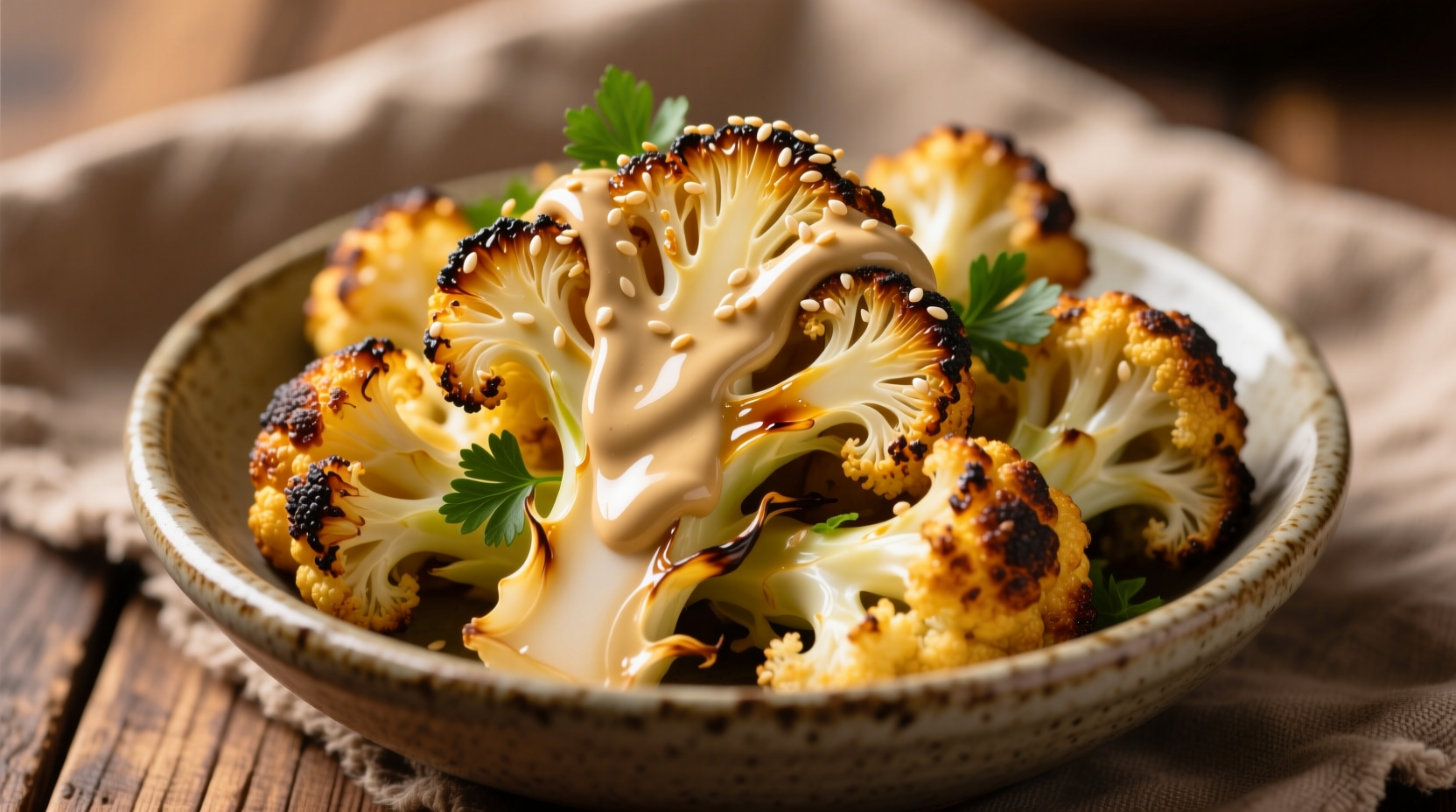 Golden roasted cauliflower with creamy tahini drizzle