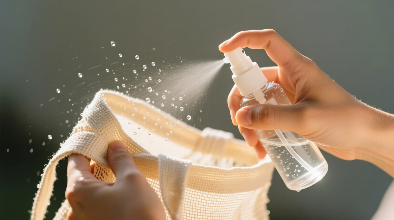 Close-up of hands spraying a folded reusable grocery bag with a fine-mist bottle containing clear liquid; visible droplets glisten on woven polypropylene fabric, natural light, no background clutter