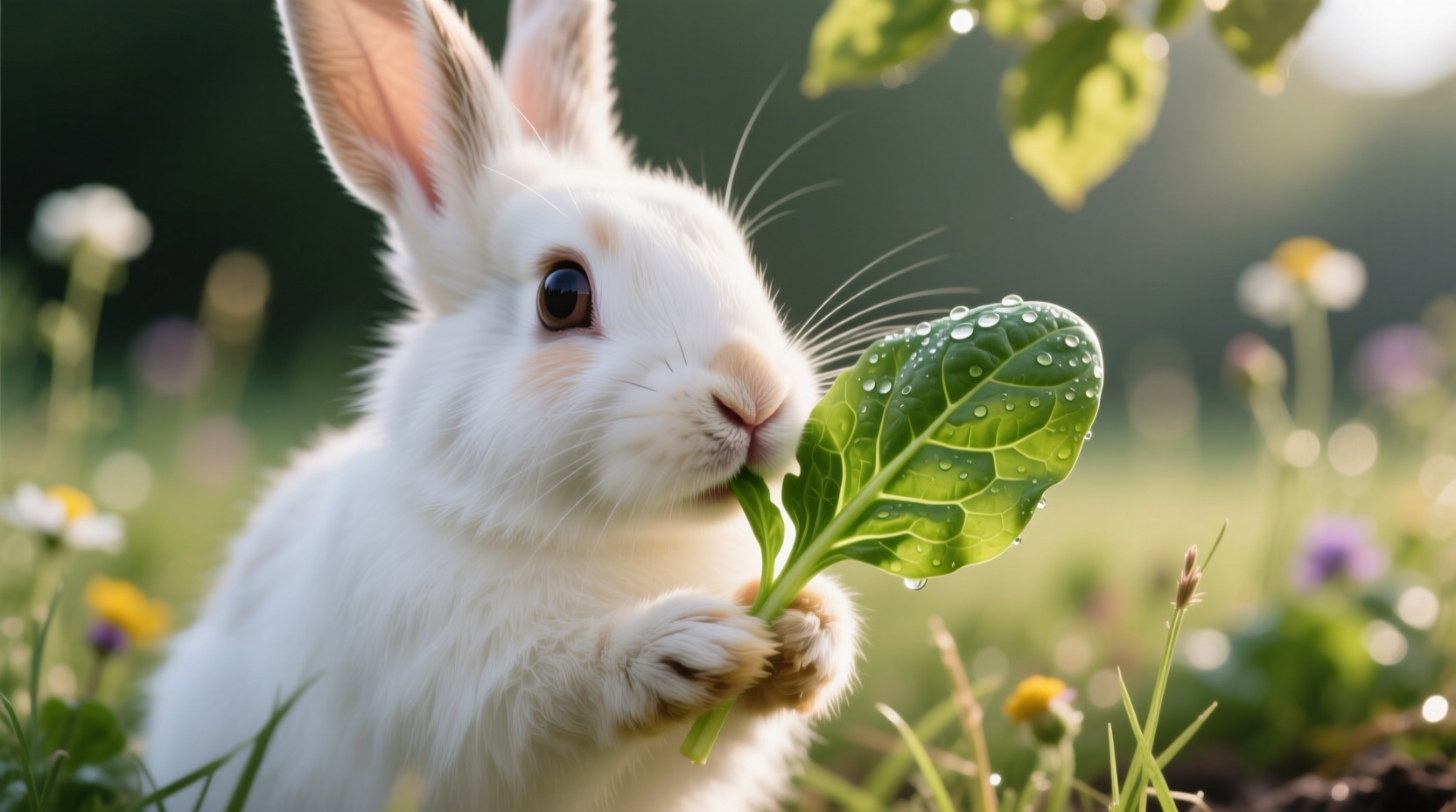 Rabbit carefully eating small piece of spinach
