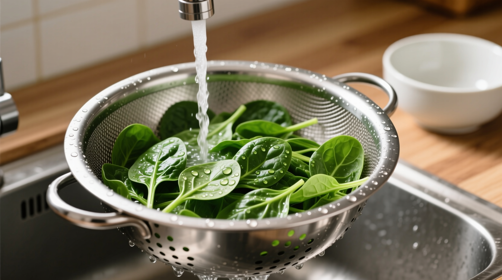 Properly drained canned spinach in colander