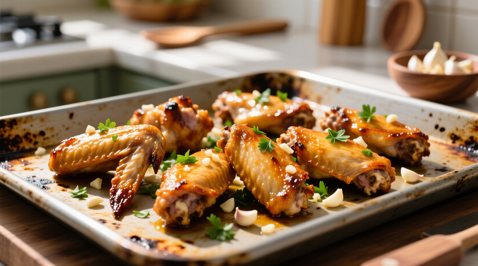 Crispy golden garlic chicken wings on baking sheet