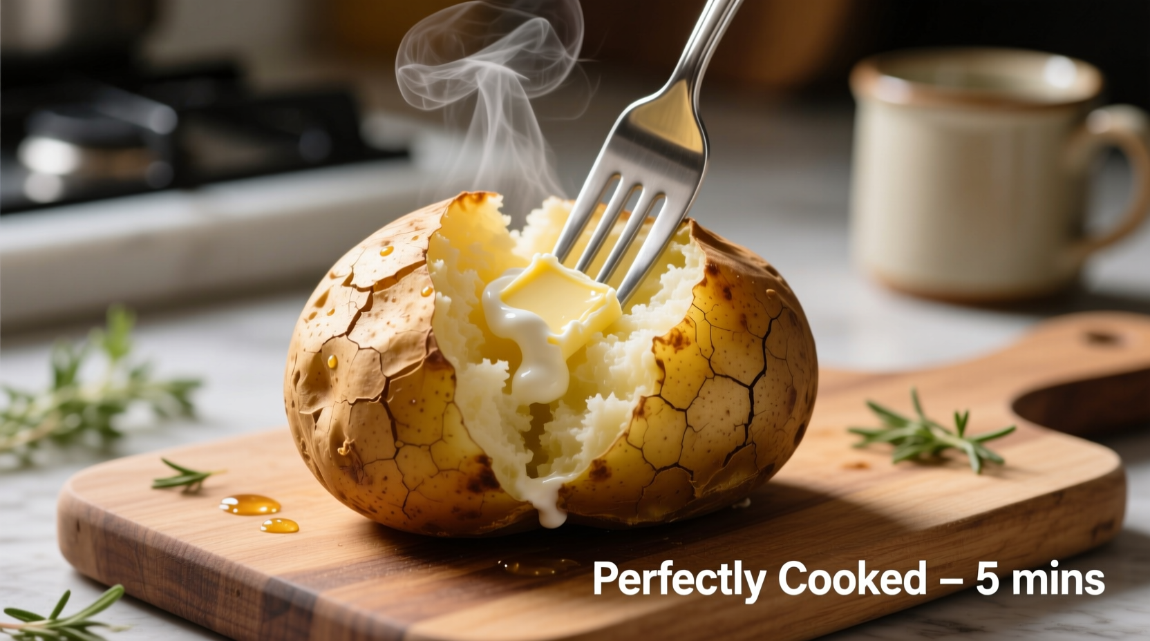 Perfectly cooked microwave baked potato with fork