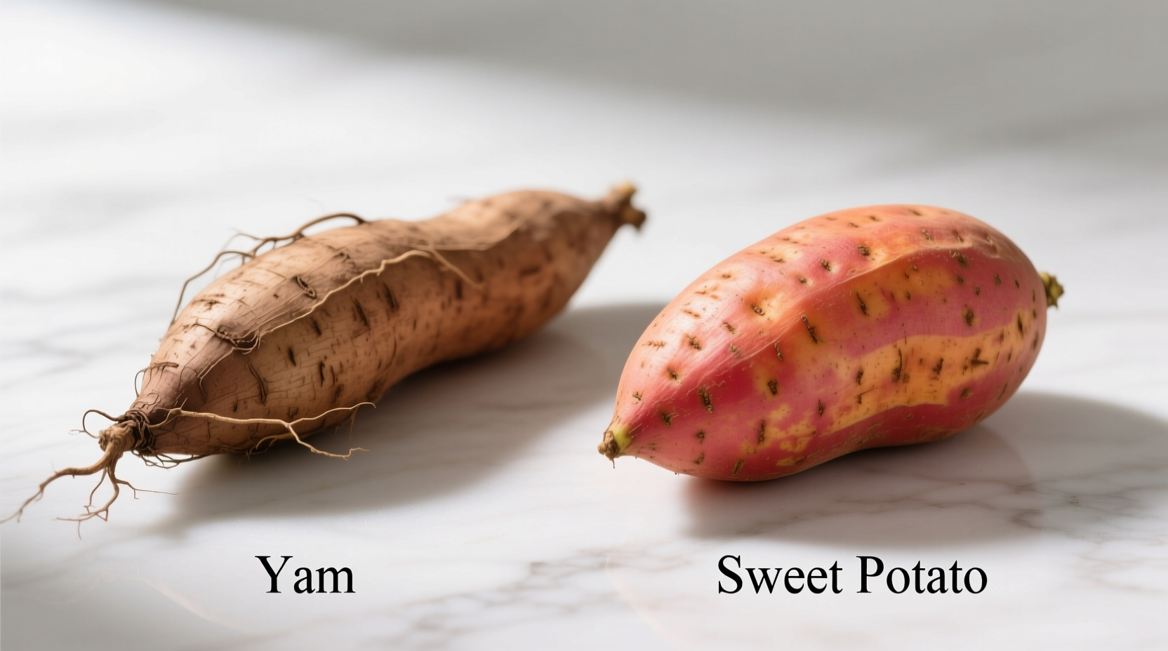 Side-by-side comparison of yam and sweet potato