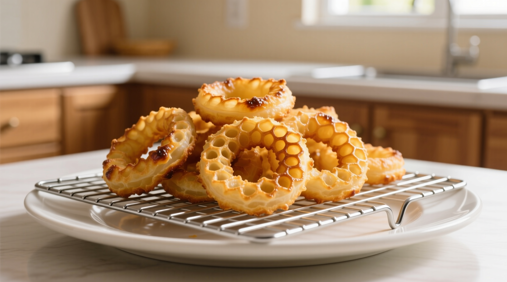 Golden baked onion rings on wire rack