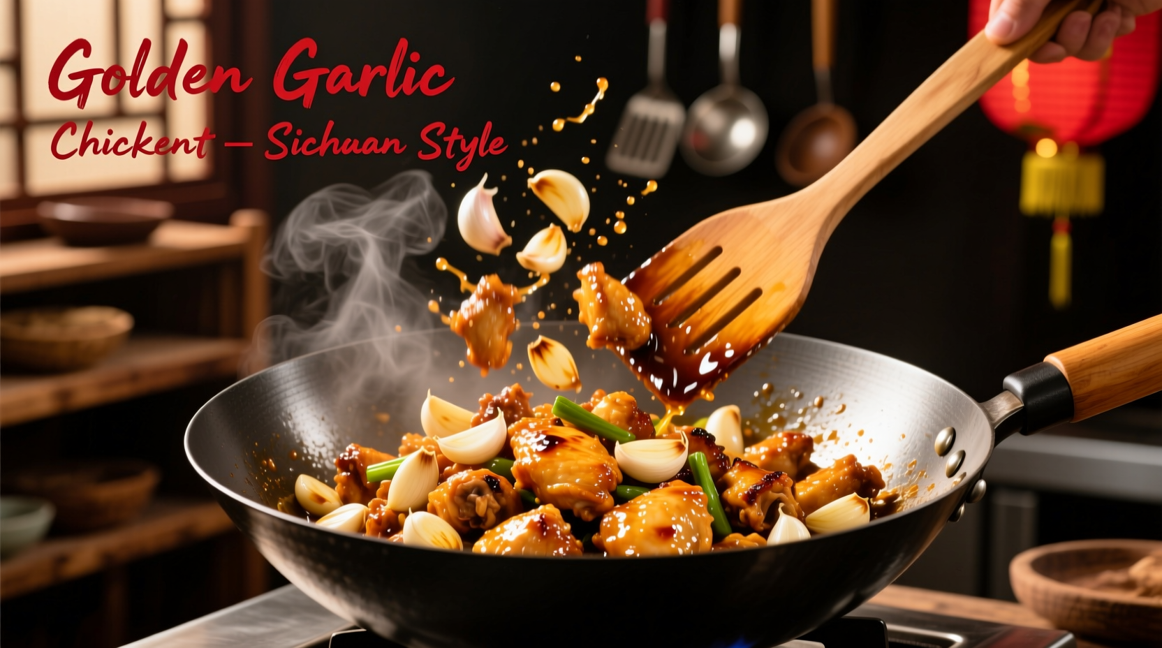 Golden Chinese garlic chicken in wok with fresh garlic