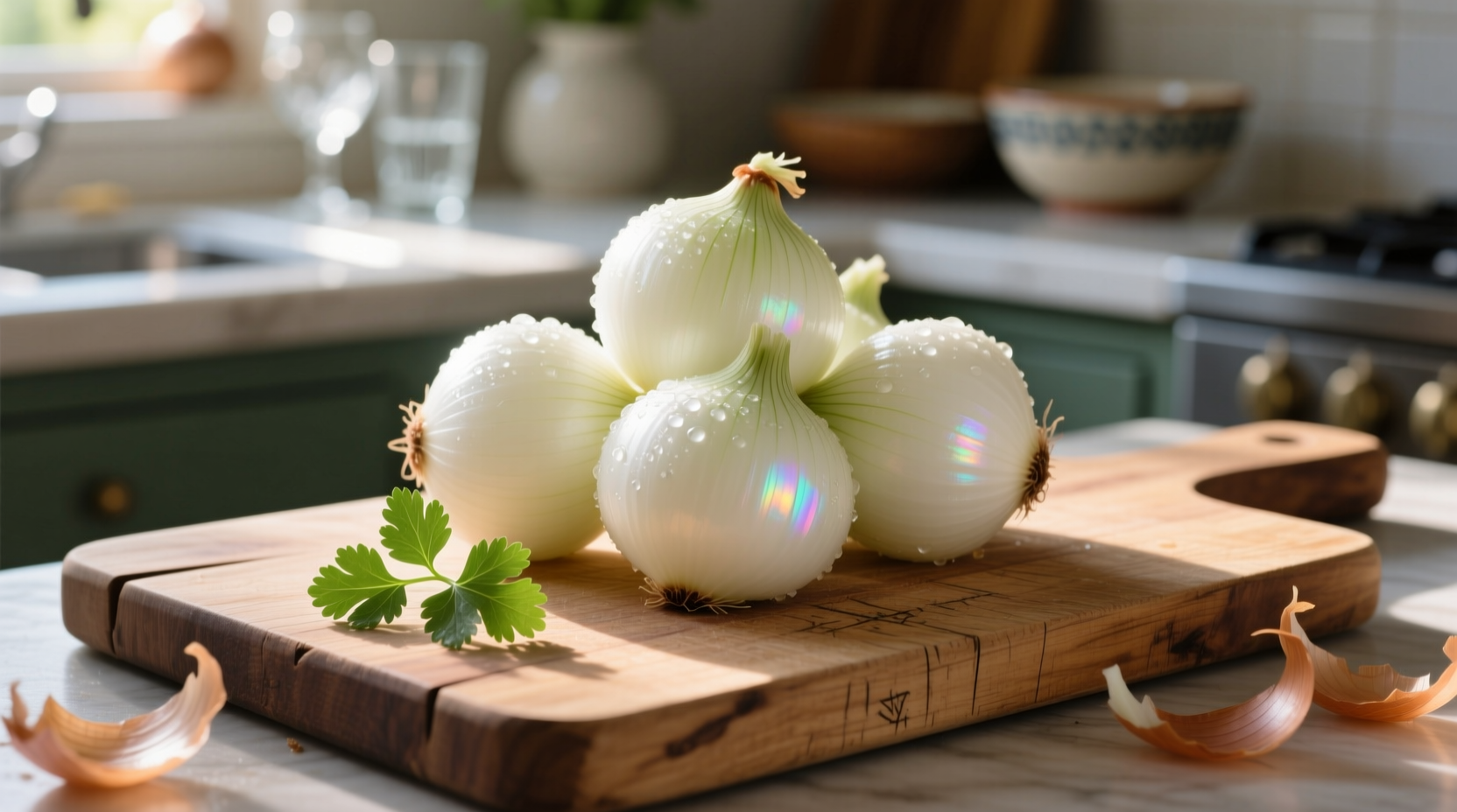 Fresh Mexican white onions on wooden cutting board