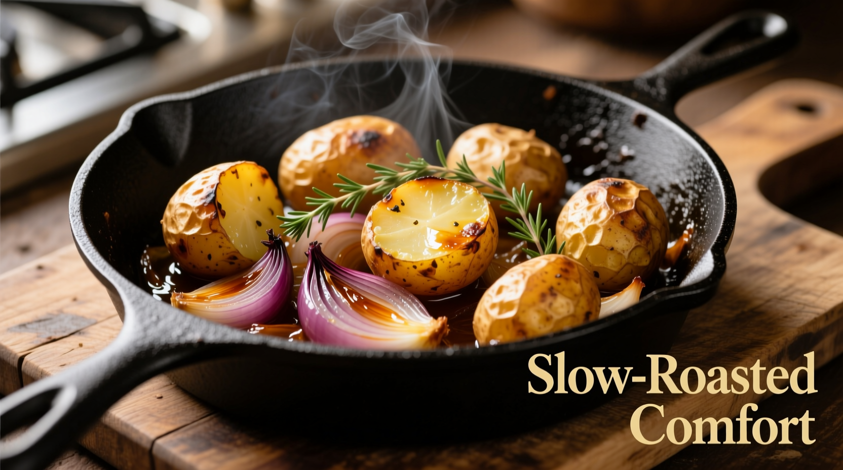 Golden roasted potatoes and caramelized onions in cast iron skillet