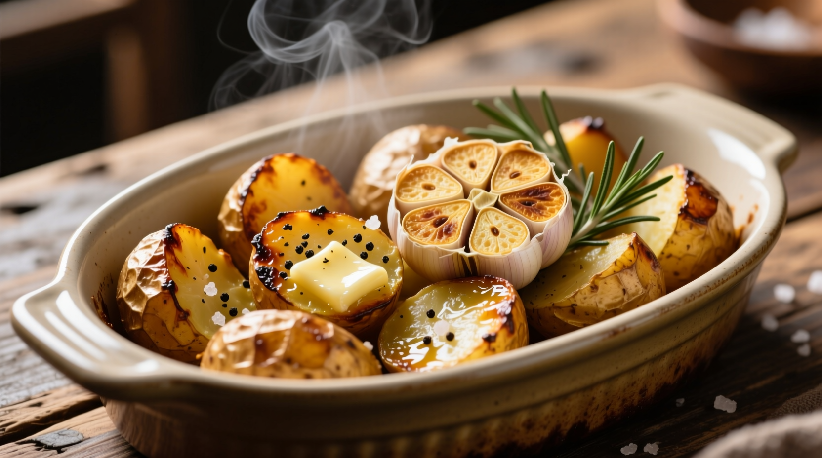 Golden roasted potatoes with caramelized garlic cloves