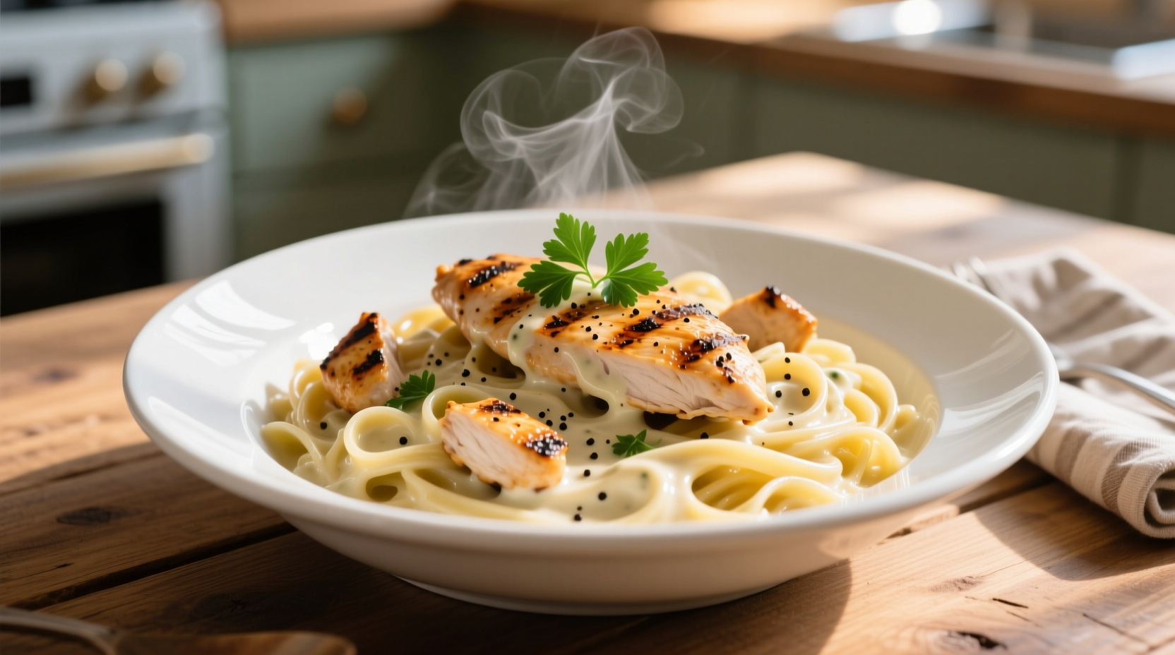 Creamy garlic pasta with chicken in white bowl