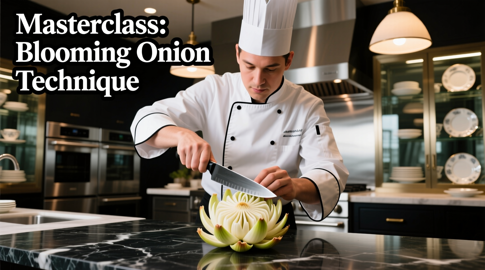 Professional chef demonstrating blooming onion cutting technique