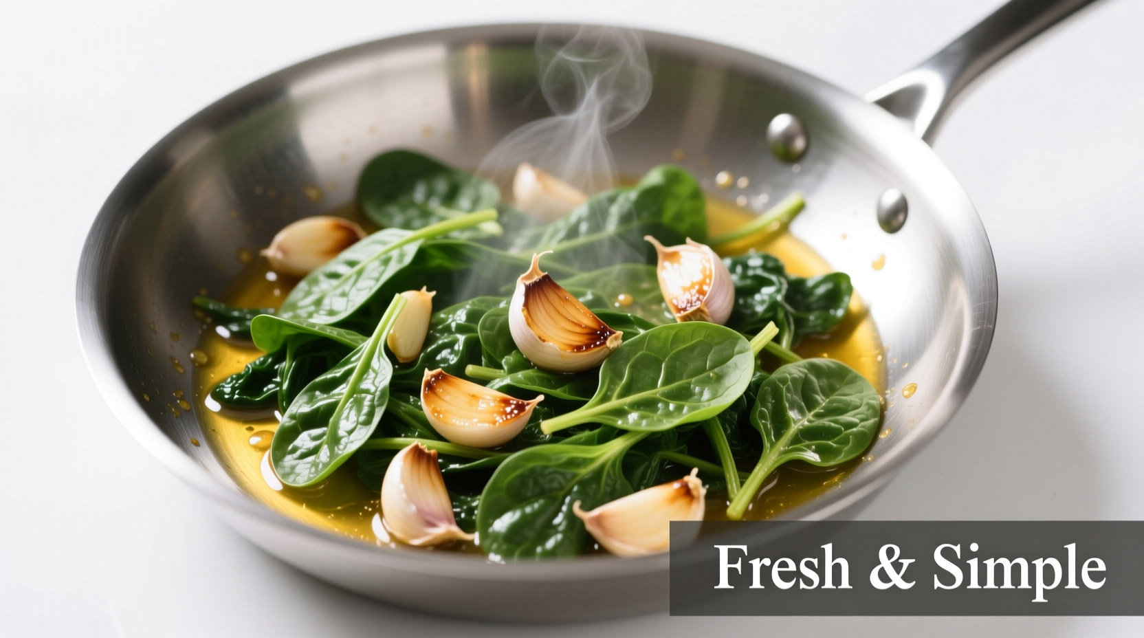 Perfectly sautéed spinach with garlic in stainless steel pan